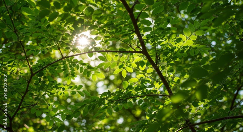 Fototapeta premium Close-up of a branch with bright green acacia leaves shining through in the sun, against a background of blurred foliage. Spring, new life, freshness, nature, greenery, growth, tranquility.
