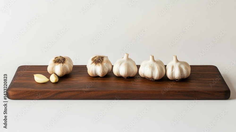 Whole garlic bulbs sit on a wooden cutting board against a white backdrop. Perfect for culinary, kitchen, or healthy eating visuals.