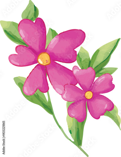 Watercolor Pink Flowers with Yellow Centers and Green Leaves EPS