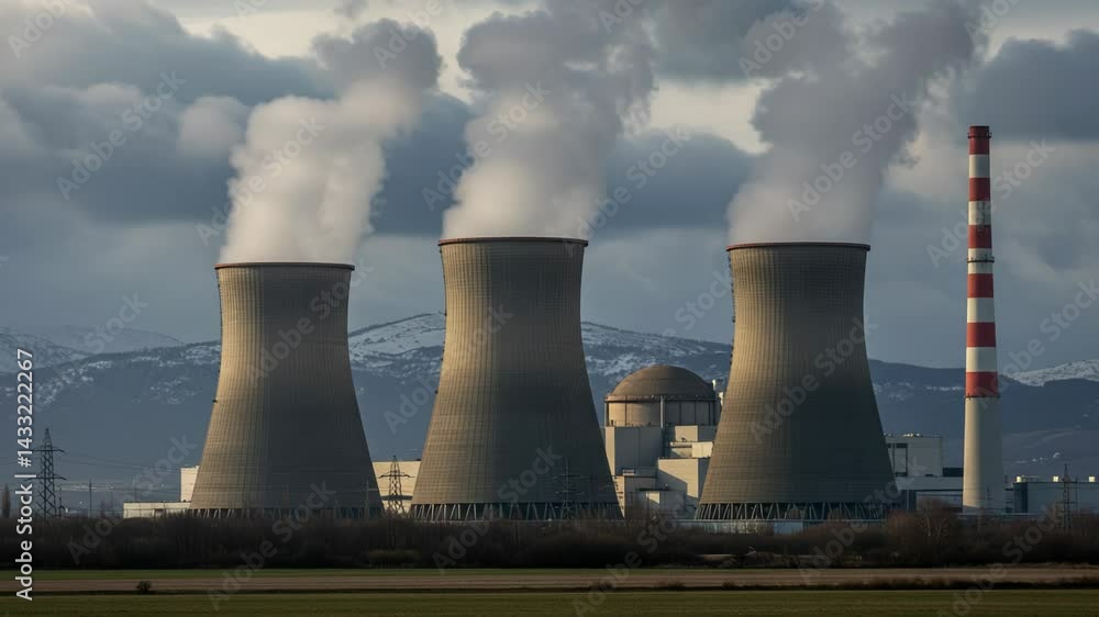 Nuclear power plant with three cooling towers emitting steam into the sky on a cloudy day Nuclear power plant with three cooling towers emitting steam into the sky on a cloudy day