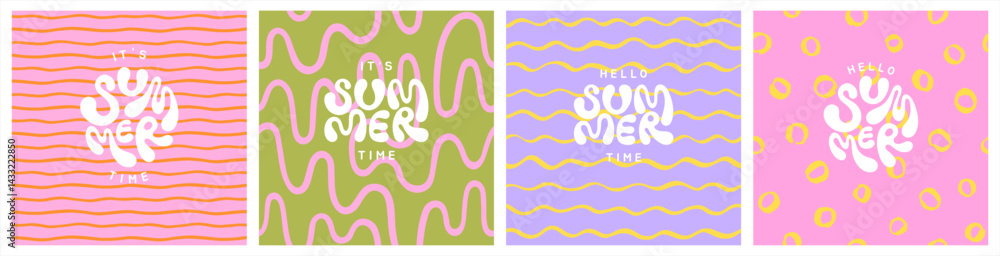 Summer seamless patterns set. Uneven hand drawn wavy stripes waves circles. Deformed fluid uneven organic bold lines. Hello summer hand lettering. Hippie doodle funky groovy backgrounds collection. Summer seamless patterns set. Uneven hand drawn wavy stripes waves circles. Deformed fluid uneven organic bold lines. Hello summer hand lettering. Hippie doodle funky groovy backgrounds collection.