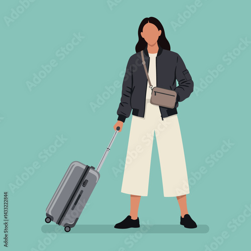 Woman standing with suitcase and crossbody bag in casual travel outfit vector illustration 