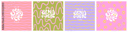 Summer seamless patterns set. Uneven hand drawn wavy stripes waves circles. Deformed fluid uneven organic bold lines. Hello summer hand lettering. Hippie doodle funky groovy backgrounds collection. 