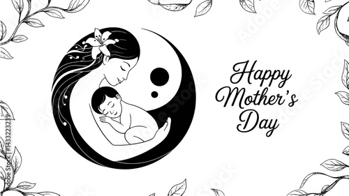 Elegant mothers day illustration of mother holding child in yin yang style