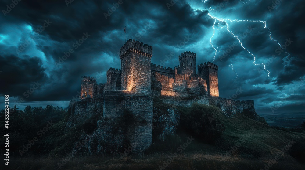Fototapeta premium Medieval castle stands tall against stormy night, lightning illuminates dark sky, creating dramatic, powerful scene.
