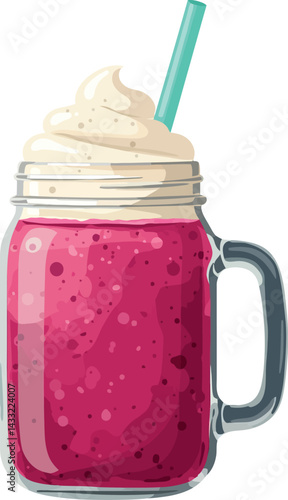 Pink berry smoothie with cream topping in glass jar with handle and straw vector illustration 