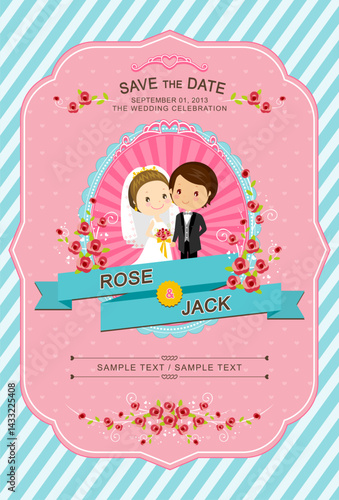Cute cartoon couple pink and blue diagonal pattern background wedding invitation card set. Vector template for printable.