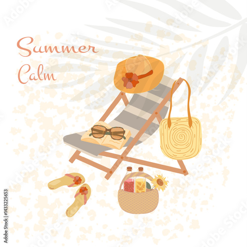 Summer Calm Scene in boho style with chaise lounge, straw hat, sandals, wicker bag, juice basket, sunglasses and book. Vector illustration for holiday, travel and seasonal projects.