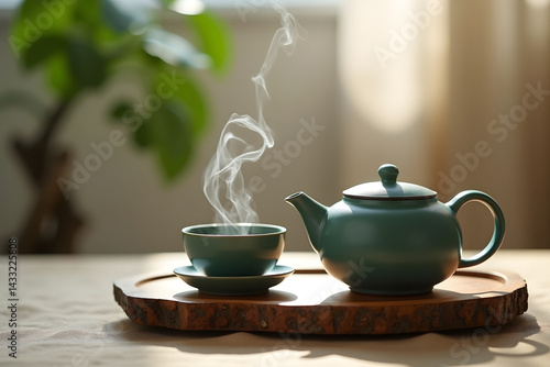 Wallpaper Mural Tranquil Tea Moment: A steaming cup of tea rests beside a matching teapot on a rustic wooden tray, inviting a moment of calm with its gentle warmth and inviting aroma.  Torontodigital.ca