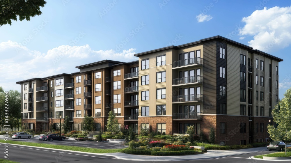Apartment building showcases modern design, balconies, surrounding landscaped areas, inviting prospective residents to urban living. Apartment building showcases modern design, balconies, surrounding landscaped areas, inviting prospective residents to urban living.