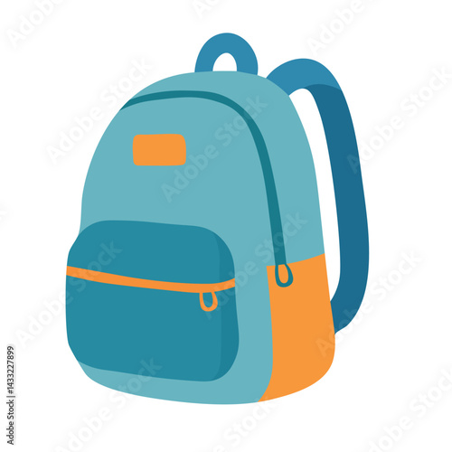 Stylish blue school backpack with orange accents and front pocket. Cute vector flat illustration for education themes.
