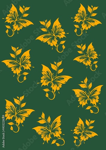 Illustration of yellow butterfly on green background. Butterfly drawing for postcard, gift bags, gift wrap pattern