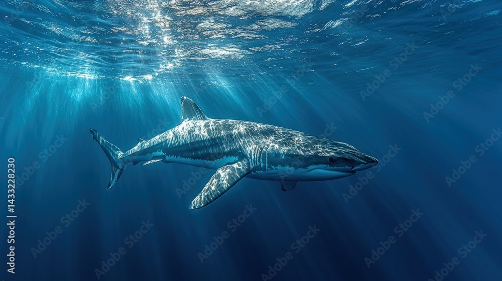 Fototapeta premium Great white shark swimming underwater, sunlight beams