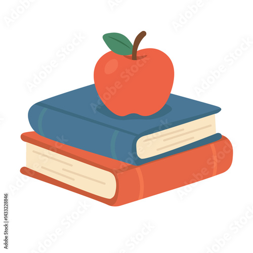 Two stacked books with a red apple on top. Cute flat cartoon illustration for school, teacher, or learning concepts.
