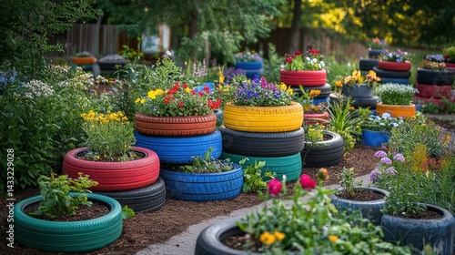 Colorful tire planters filled with vibrant flowers
