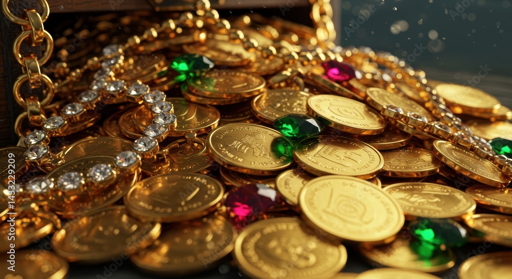 Extreme close-up macro 3D render focusing tightly on a pile of gleaming gold coins spilling from the chest, mixed with sparkling gemstones Extreme close-up macro 3D render focusing tightly on a pile of gleaming gold coins spilling from the chest, mixed with sparkling gemstones