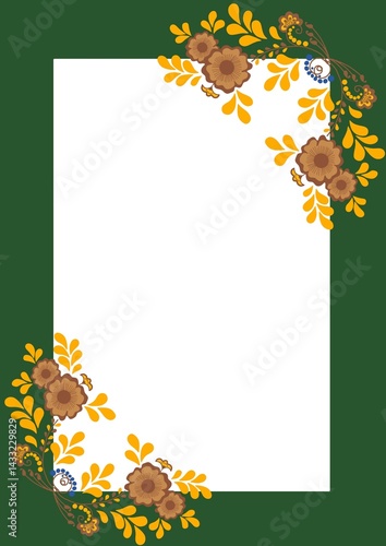 Illustration of floral rectangular frame with brown, yellow flowers for postcard