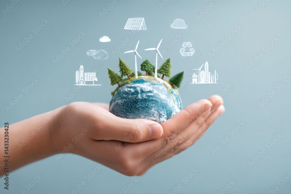 Hands holding earth globe showing sustainable development and renewable energy icons