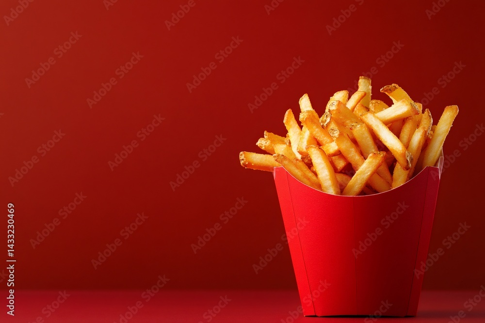 French fries overflowing red carton container on red background