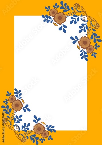 Illustration of floral rectangular frame with brown, yellow flowers for postcard