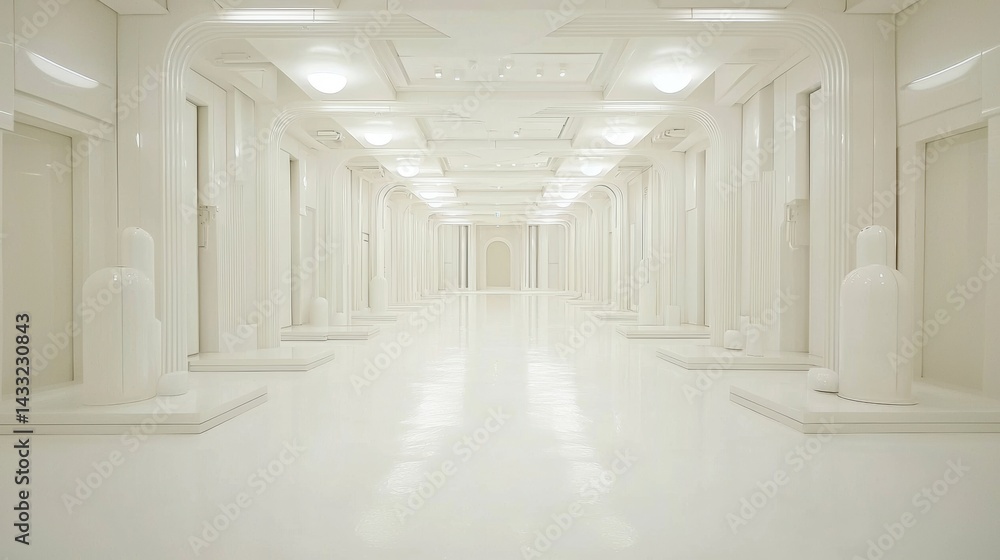 A long white hallway with columns and arches. A long white hallway with columns and arches.