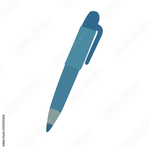 Cartoon blue pen with clip in minimal flat vector style. Cute office and school stationery item for writing.