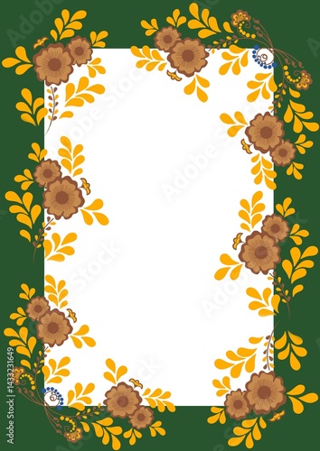 Illustration of floral rectangular frame with brown, yellow flowers for postcard