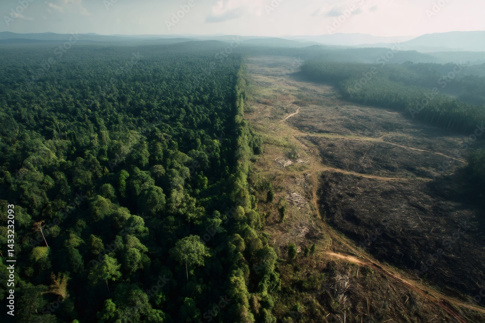 Deforestation advancing into lush rainforest, creating a stark contrast