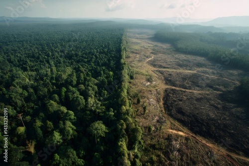 Obraz na płótnie Deforestation advancing into lush rainforest, creating a stark contrast w salonie