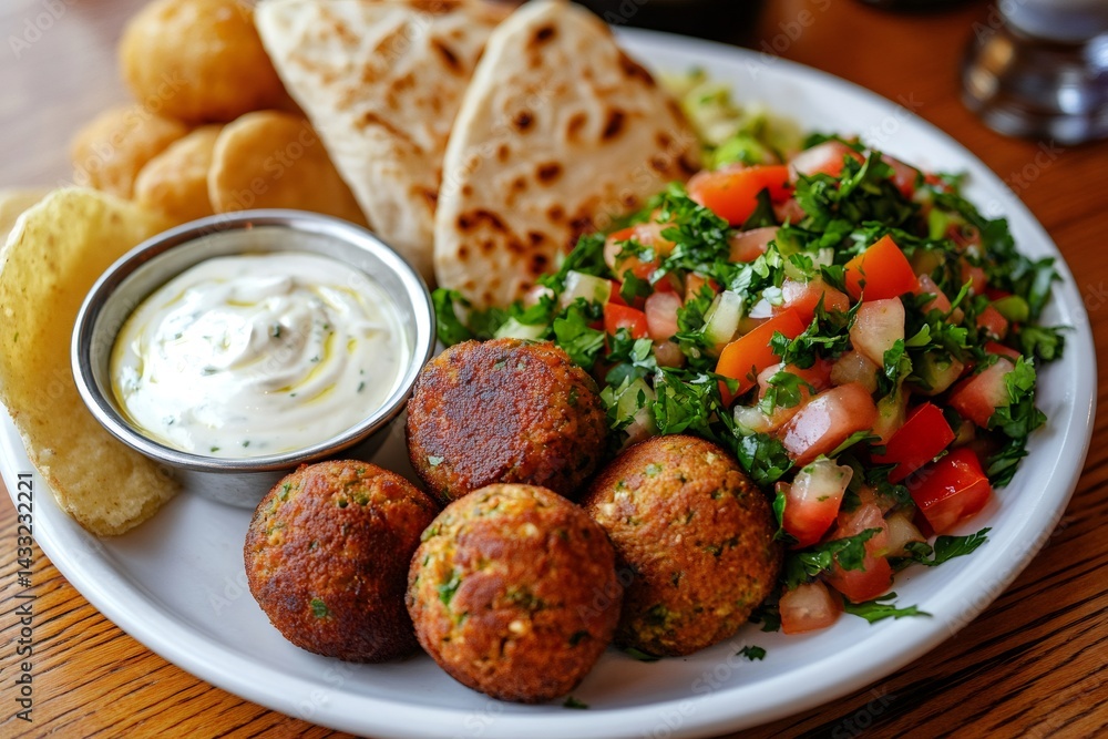 Delicious falafel plate featuring pita bread, salad, and yogurt sauce