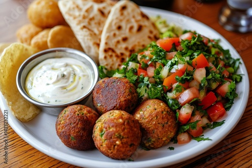 Obraz na płótnie Delicious falafel plate featuring pita bread, salad, and yogurt sauce w salonie