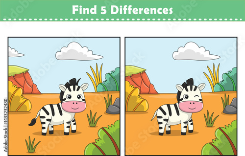 Funny cartoon zebra. Find 5 differences. Kids Education games. Cartoon vector illustration