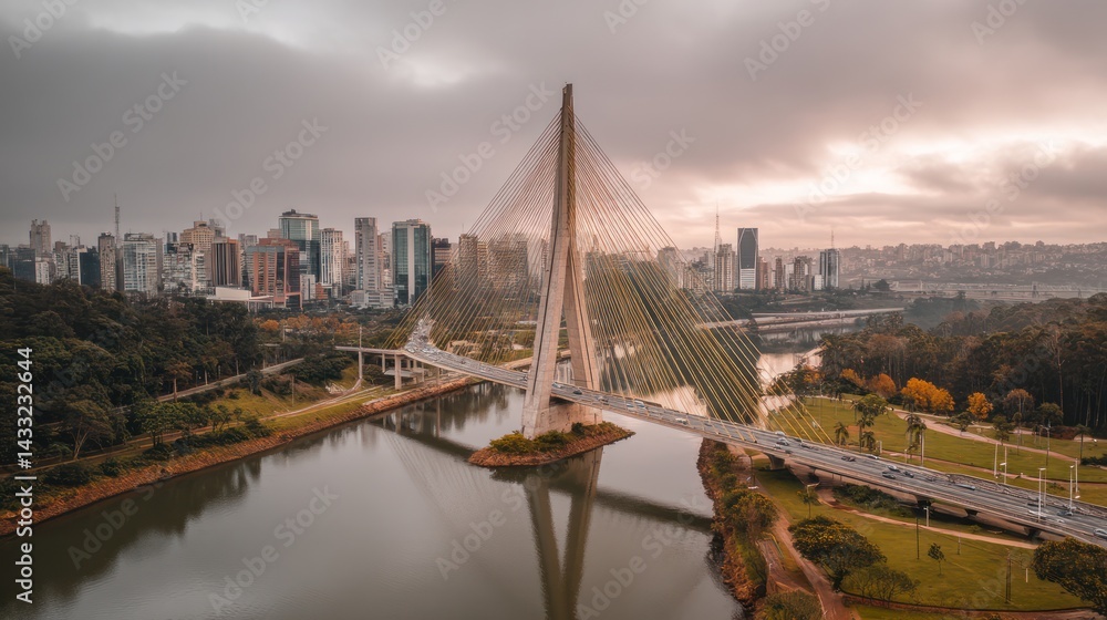 Obraz premium Modern cable-stayed bridge spanning city park