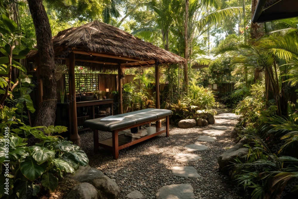 Massage table relaxing in lush tropical garden setting