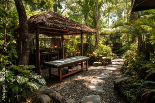 Obraz na płótnie Massage table relaxing in lush tropical garden setting w salonie