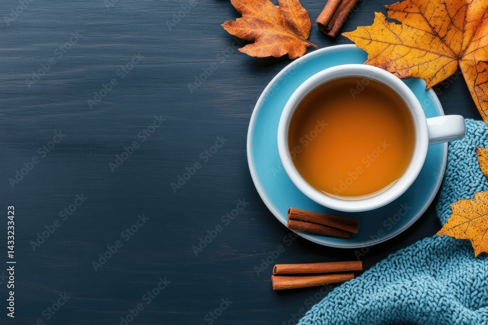 Autumn still life with tea cup, cinnamon sticks, and colorful maple leaves on dark blue background