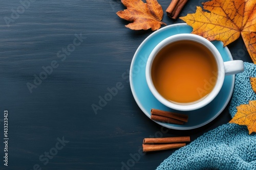 Autumn still life with tea cup, cinnamon sticks, and colorful maple leaves on dark blue background
