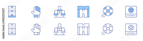 Football icon set in two styles, Duotone and Thin Line style. Editable stroke. football, shorts, soccer, football gloves, seat