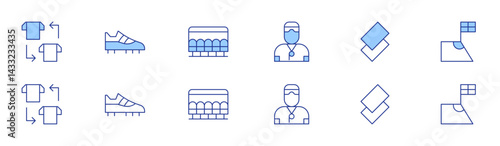 Football icon set in two styles, Duotone and Thin Line style. Editable stroke. football, soccer boots, coach, bench, card, angle