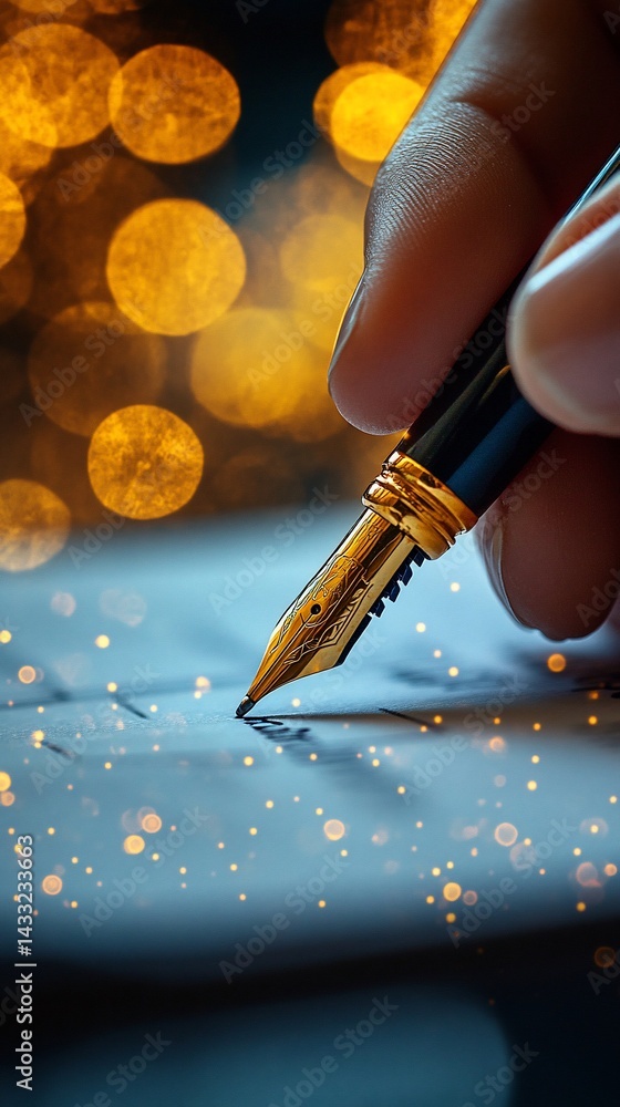 Hand meticulously signing a document with a fountain pen, illuminated by warm golden lights