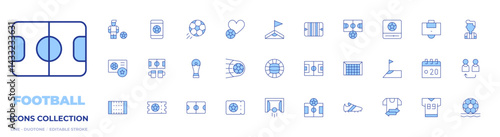 Football icons collection. Line Duotone style, editable stroke. soccer, football, football field, sport, player, world cup, field, ticket, goal, corner, sneakers