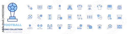 Football icons collection. Line Duotone style, editable stroke. soccer, vs, podium, american football, football field, soccer field, football team, football
