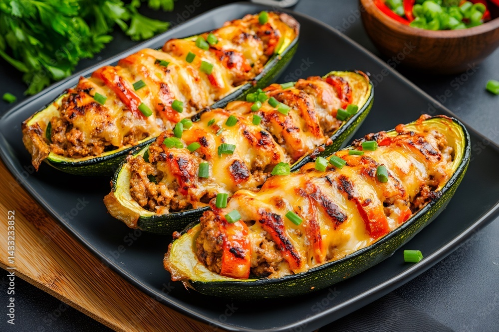 Zucchini boats stuffed with ground beef, vegetables, and melted cheese, creating a delicious and healthy meal