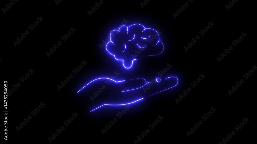 Glowing Neon Brain Icon Isolated on Black Background A glowing brain hovers above a hand holding a smaller brain model concept vi Glowing Neon Brain Icon Isolated on Black Background A glowing brain hovers above a hand holding a smaller brain model concept vi