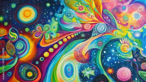 Wallpaper Mural Surreal painting featuring bright colors swirls celestial bodies creating spiritual whimsical feeling evokes imagination. Torontodigital.ca