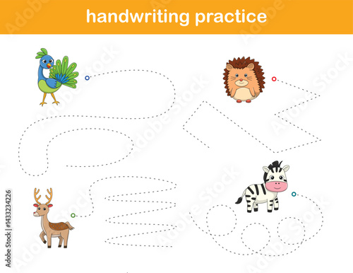 Handwriting Practice. Tracing lines for kids with animals. Vector Illustration