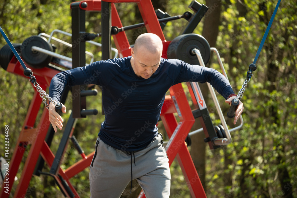 Adult sporty man exercising on resistance machine at outdoor public gym park. Fitness coach show and make exercise. Urban sports ground