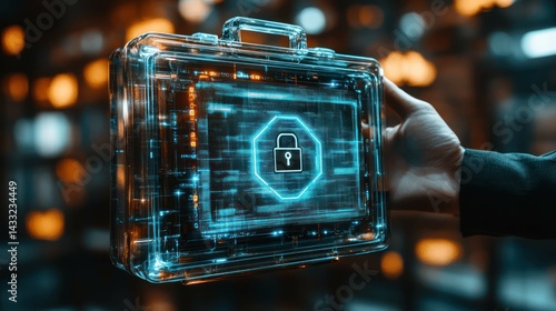 Hand holds transparent briefcase with digital padlock, symbolizing cybersecurity, information protection, technology.