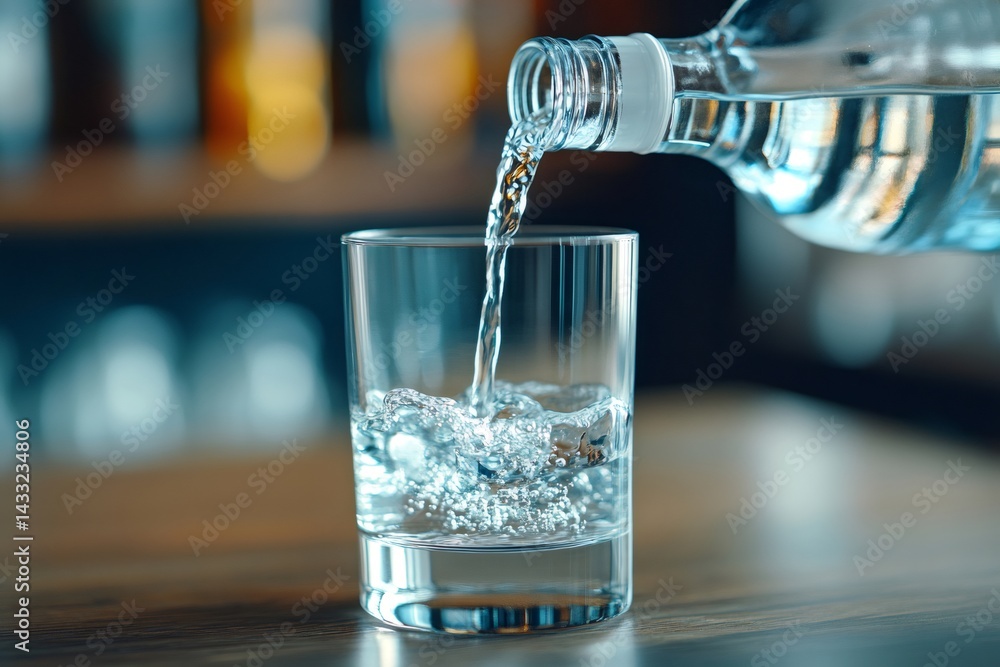 Bartender pouring vodka from bottle into glass in bar