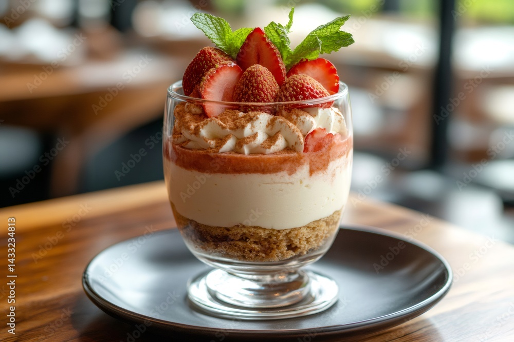 Delicious layered dessert with strawberries, cream, and biscuit crumbs in a glass